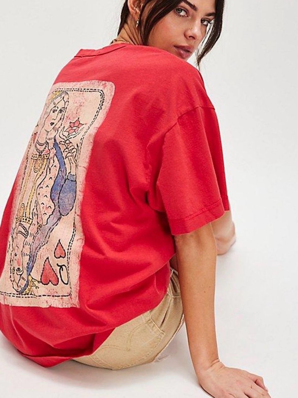 Ragabond Red Oversized Women’s Graphic Tee with Playing Card Back Print